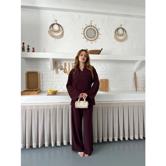 Kruvaze Yaka Yan Bağlamalı Feminen Takım Bordo