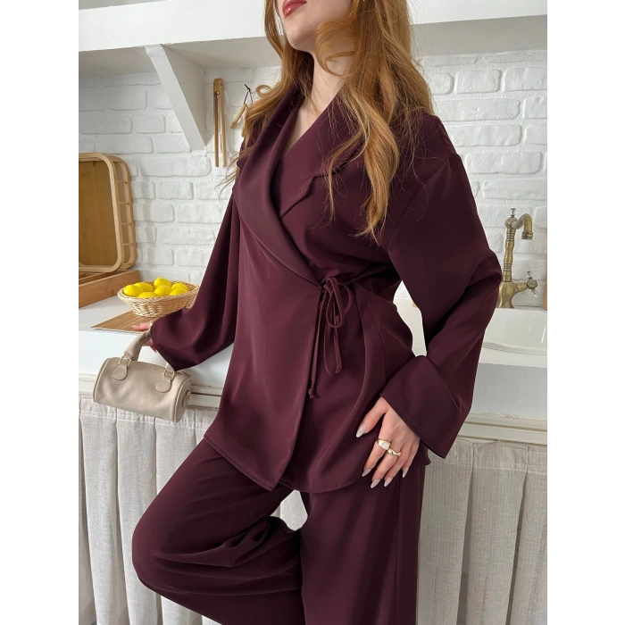 Kruvaze Yaka Yan Bağlamalı Feminen Takım Bordo
