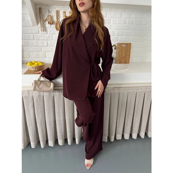 Kruvaze Yaka Yan Bağlamalı Feminen Takım Bordo
