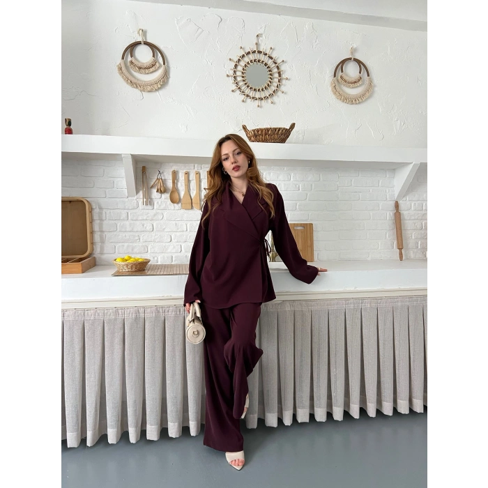 Kruvaze Yaka Yan Bağlamalı Feminen Takım Bordo