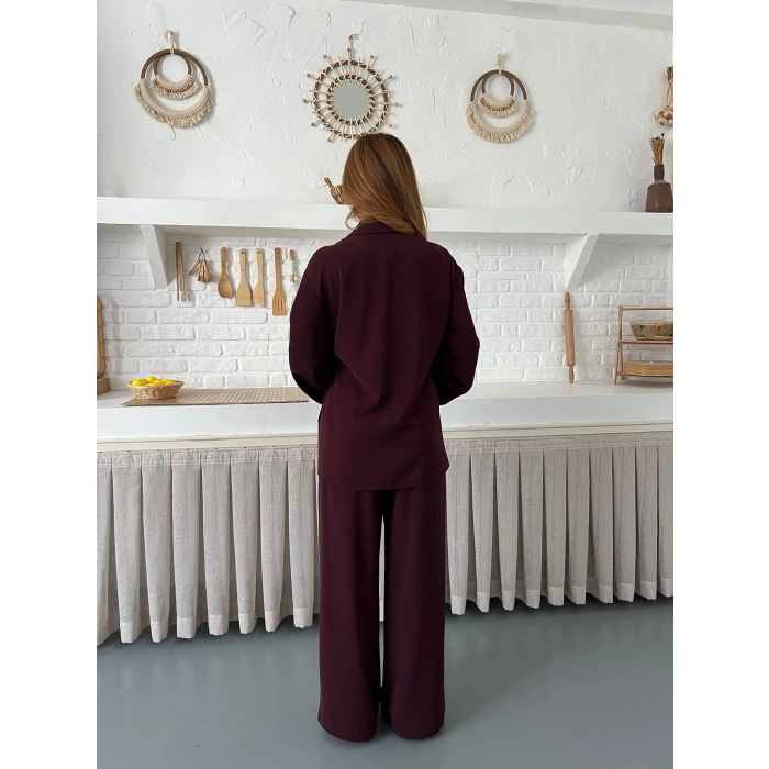 Kruvaze Yaka Yan Bağlamalı Feminen Takım Bordo