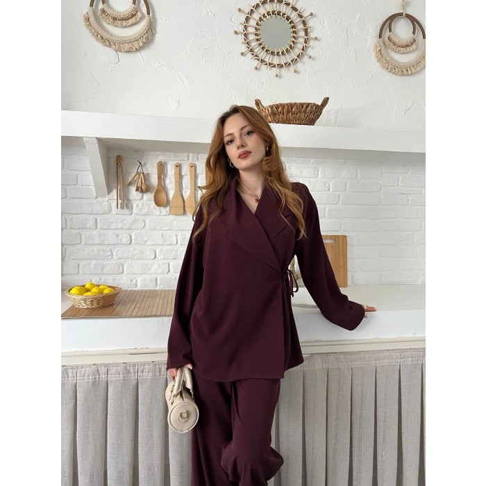 Kruvaze Yaka Yan Bağlamalı Feminen Takım Bordo