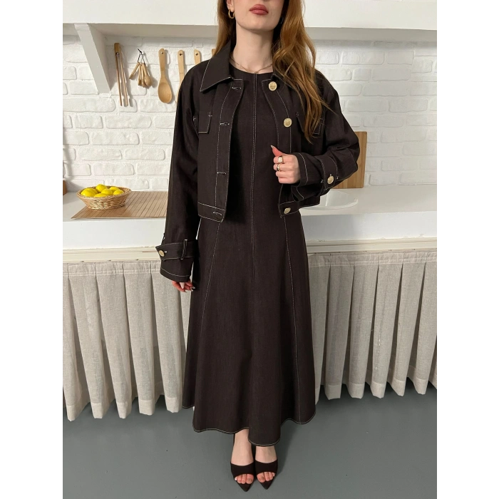 Elbise-Ceket Denim Takım Acı Kahve