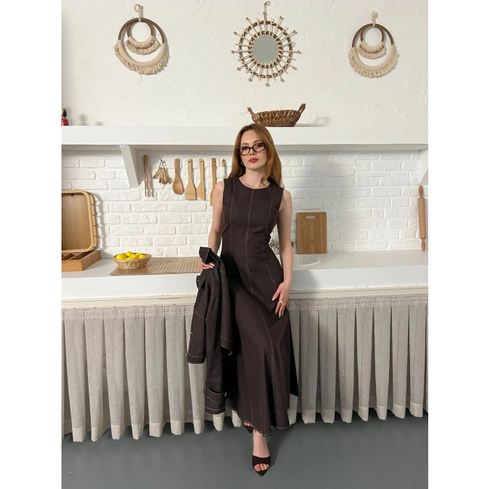 Elbise-Ceket Denim Takım Acı Kahve