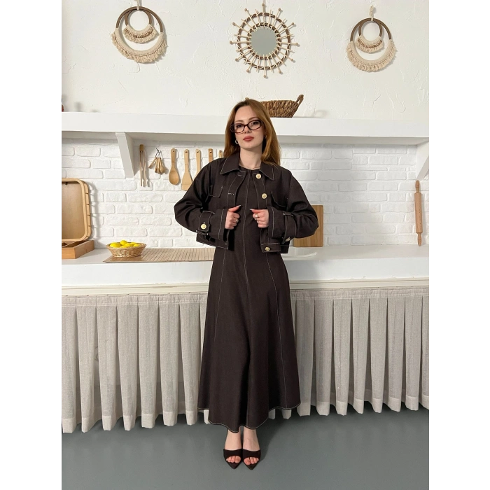 Elbise-Ceket Denim Takım Acı Kahve