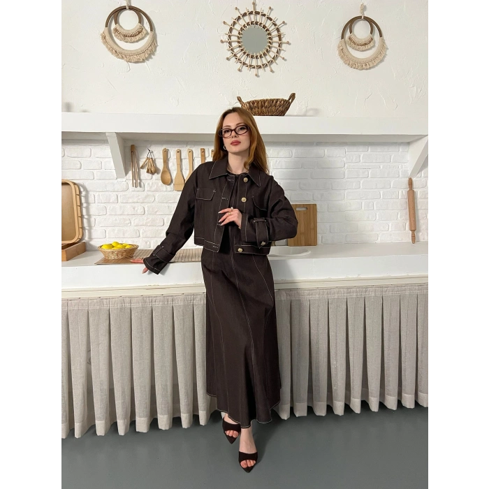 Elbise-Ceket Denim Takım Acı Kahve