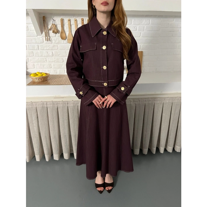 Elbise-Ceket Denim Takım Mürdüm