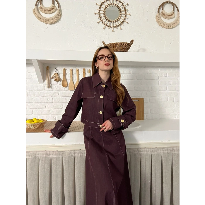 Elbise-Ceket Denim Takım Mürdüm