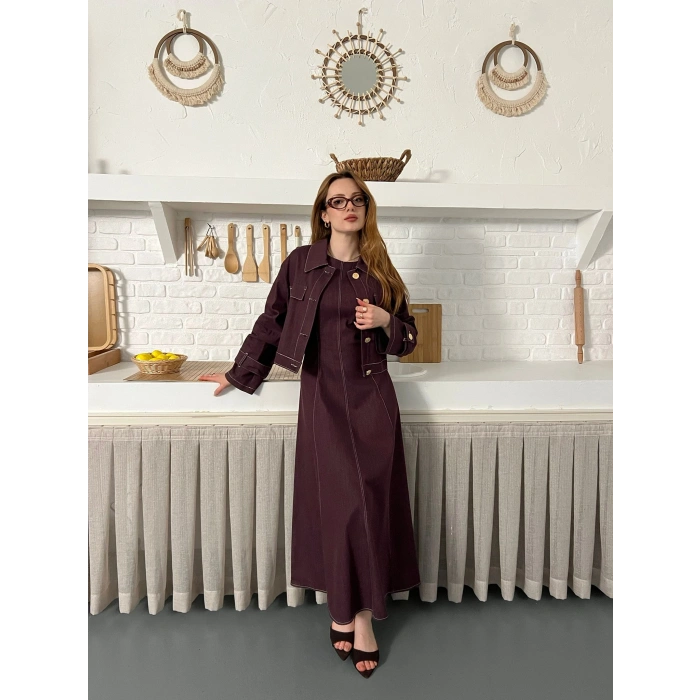 Elbise-Ceket Denim Takım Mürdüm