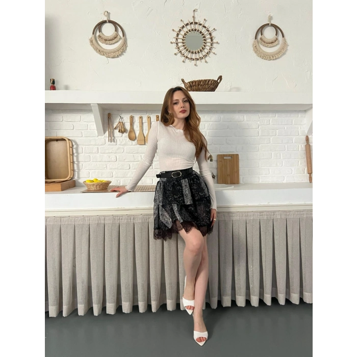 İçi Şortlu Kemerli Şifon Etek Antrasit