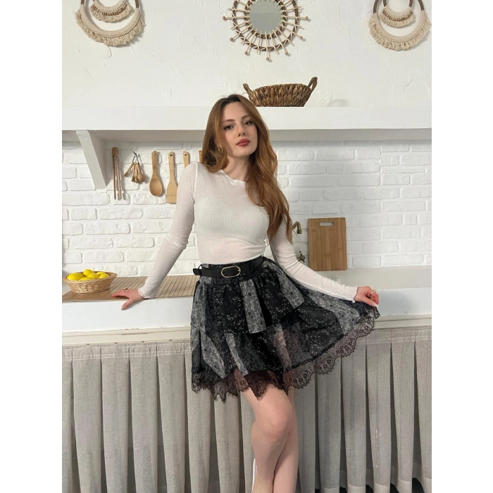 İçi Şortlu Kemerli Şifon Etek Antrasit