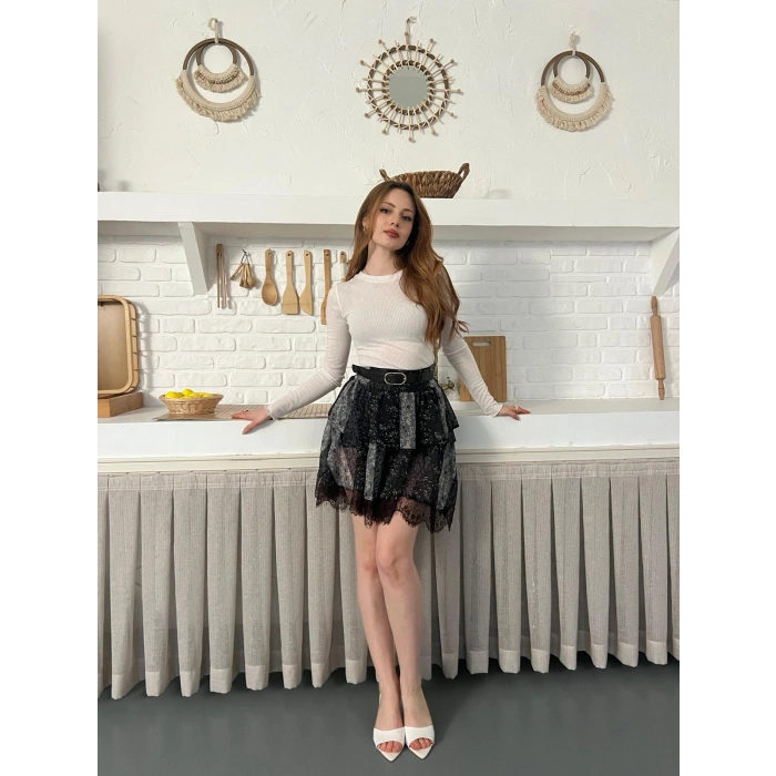 İçi Şortlu Kemerli Şifon Etek Antrasit