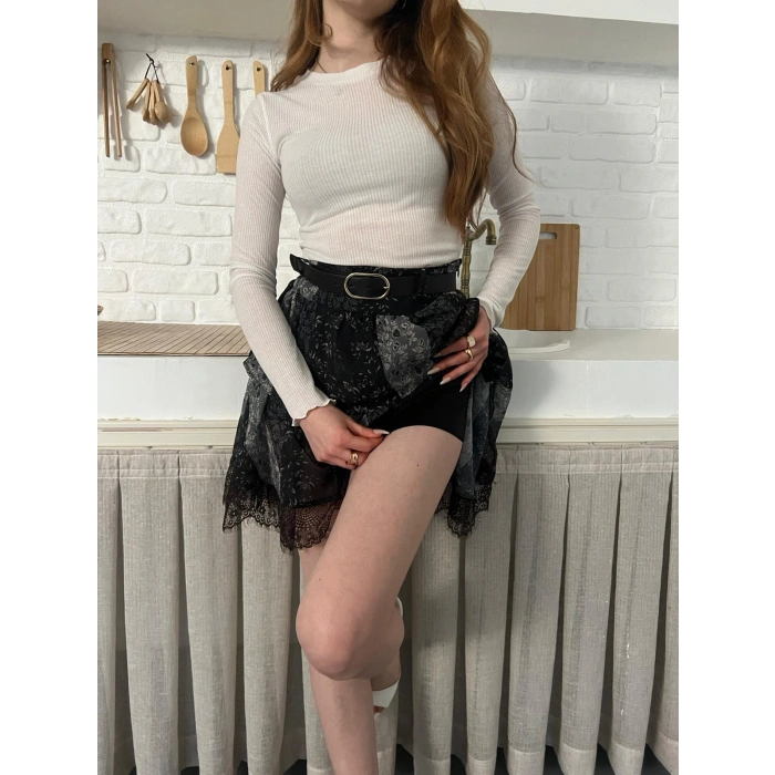 İçi Şortlu Kemerli Şifon Etek Antrasit