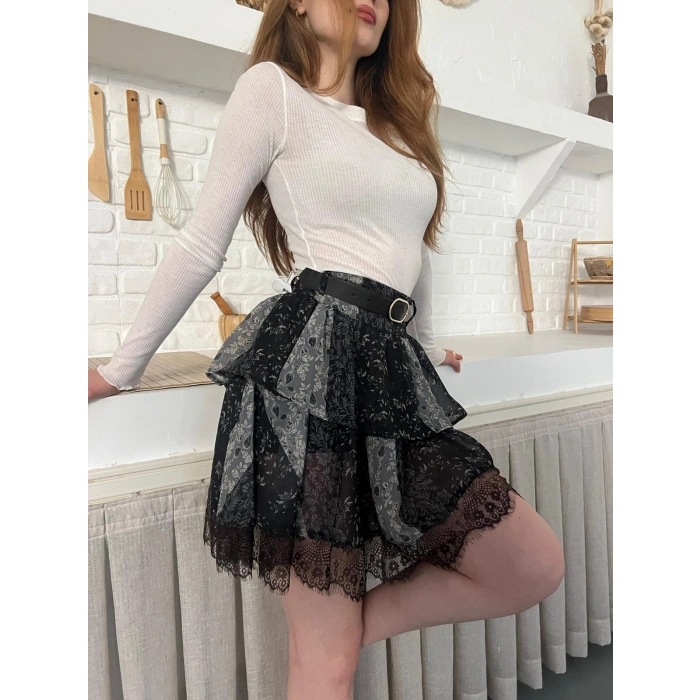 İçi Şortlu Kemerli Şifon Etek Antrasit