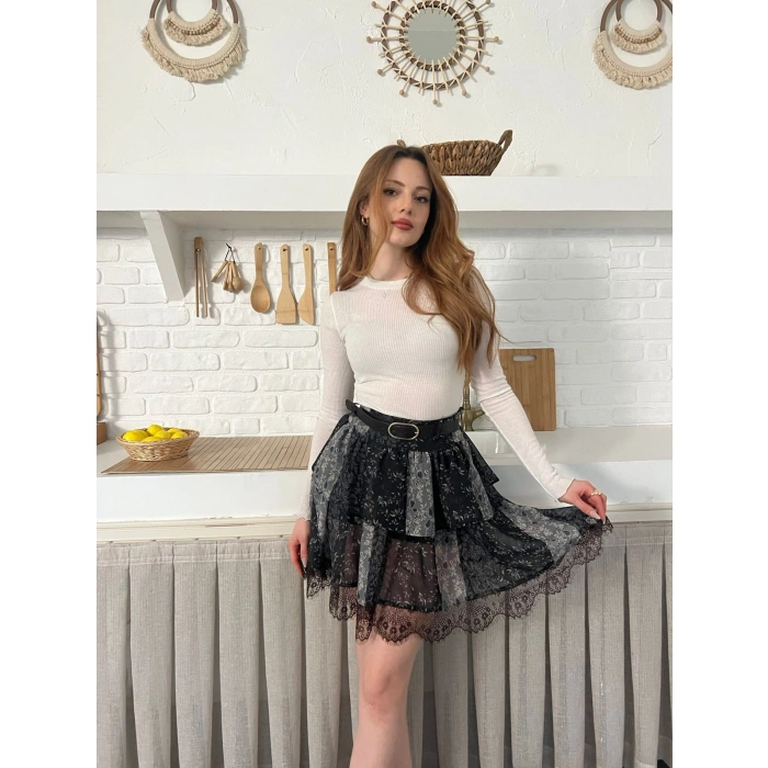 İçi Şortlu Kemerli Şifon Etek Antrasit