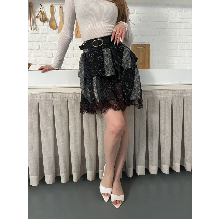 İçi Şortlu Kemerli Şifon Etek Antrasit