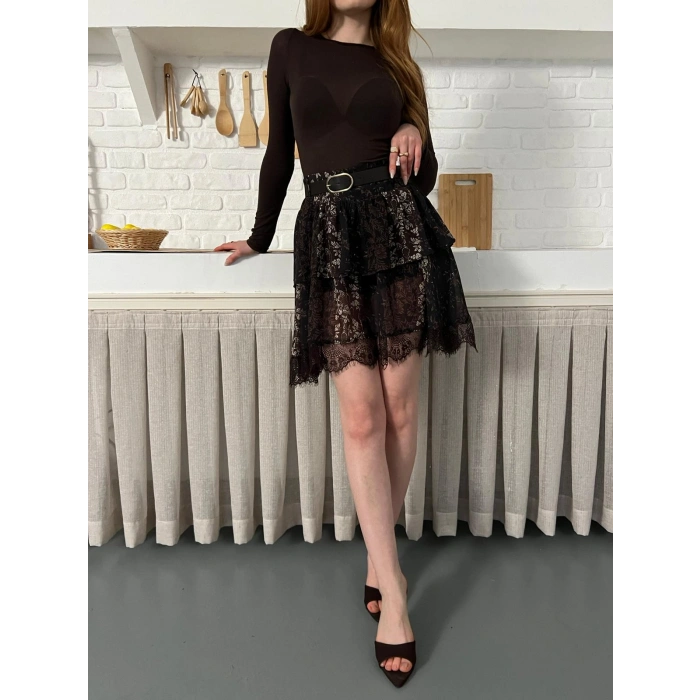 İçi Şortlu Kemerli Şifon Etek Kahve