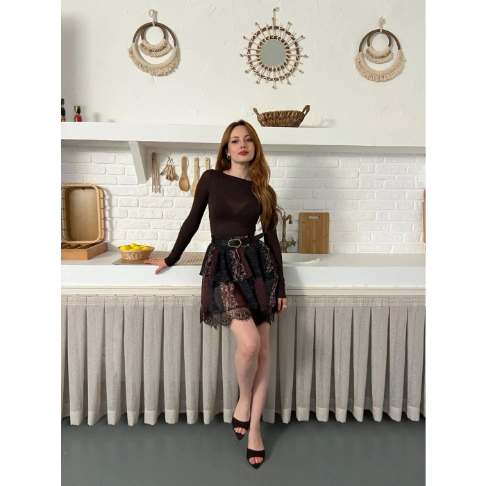 İçi Şortlu Kemerli Şifon Etek Kahve