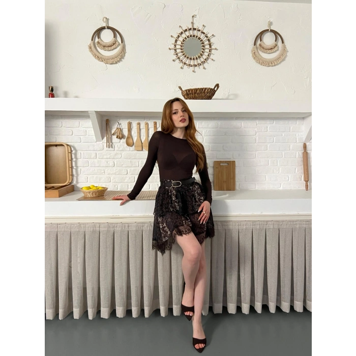 İçi Şortlu Kemerli Şifon Etek Kahve