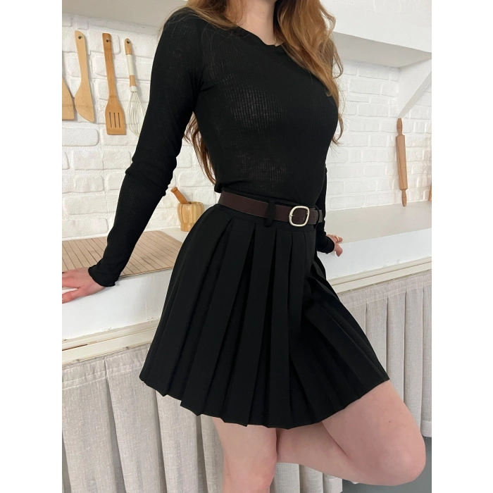 Piliseli İçi Şortlu Kemerli Etek Siyah