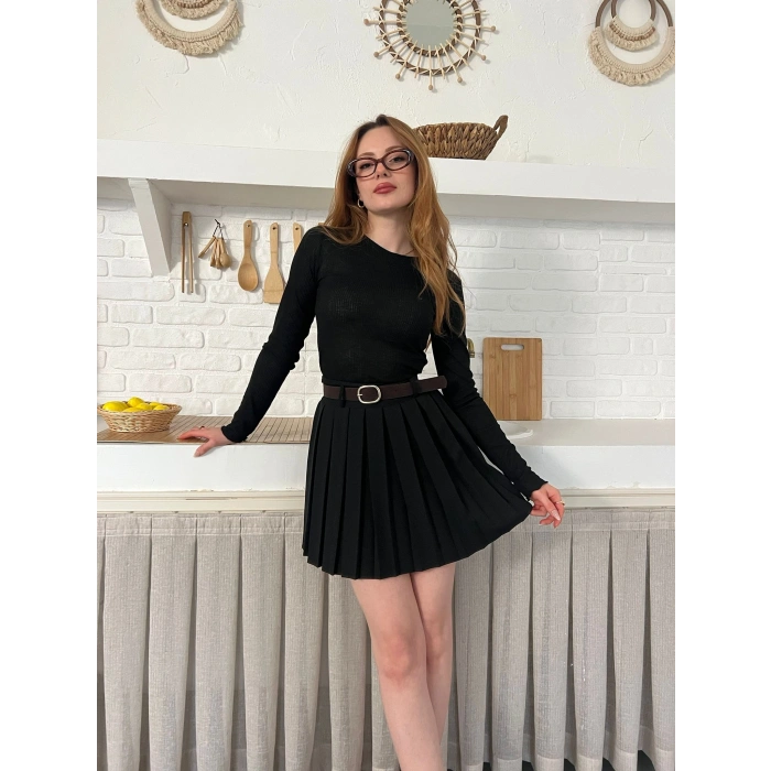 Piliseli İçi Şortlu Kemerli Etek Siyah