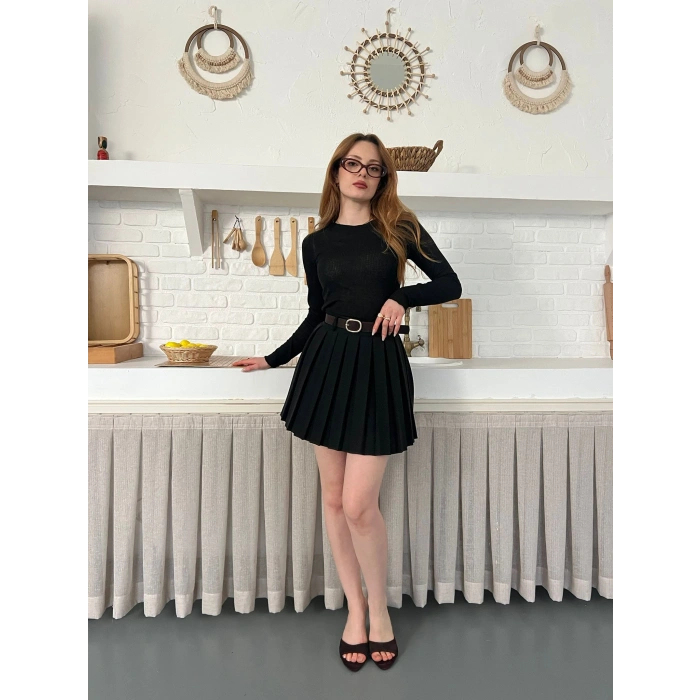 Piliseli İçi Şortlu Kemerli Etek Siyah
