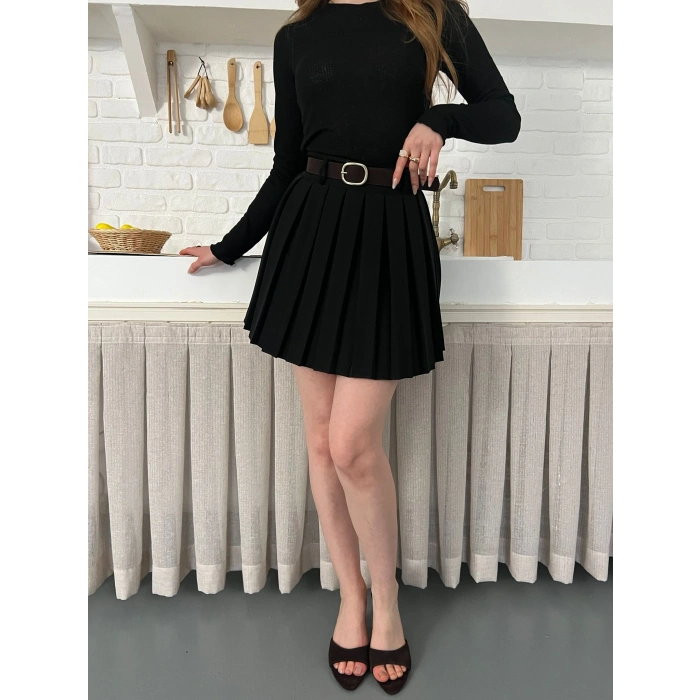 Piliseli İçi Şortlu Kemerli Etek Siyah