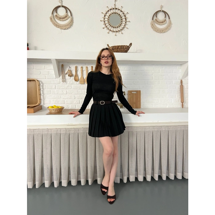 Piliseli İçi Şortlu Kemerli Etek Siyah