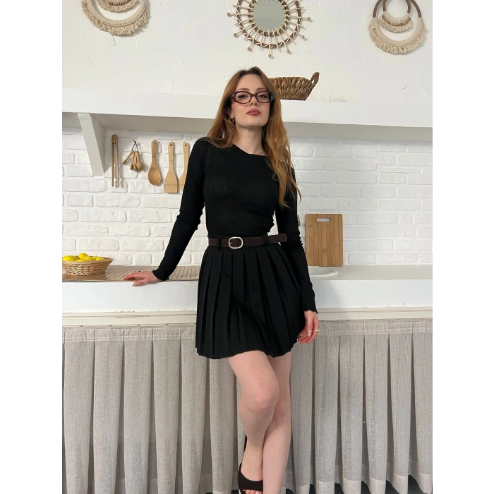 Piliseli İçi Şortlu Kemerli Etek Siyah