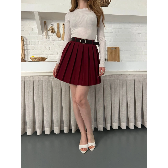 Piliseli İçi Şortlu Kemerli Etek Bordo