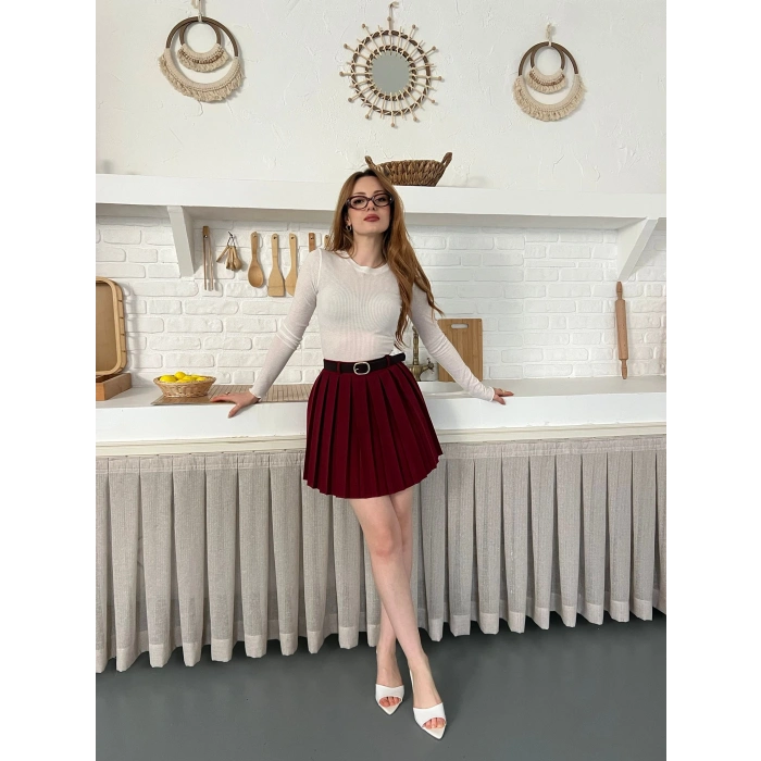 Piliseli İçi Şortlu Kemerli Etek Bordo