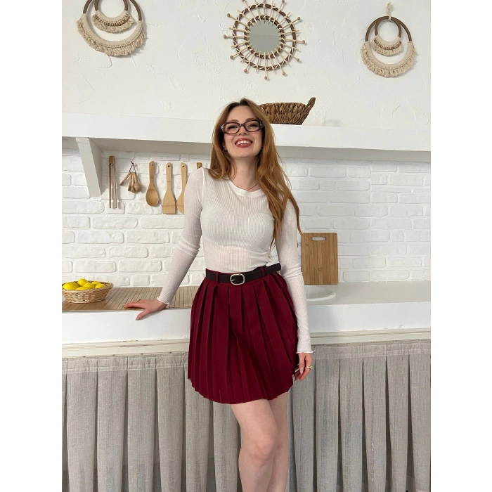 Piliseli İçi Şortlu Kemerli Etek Bordo