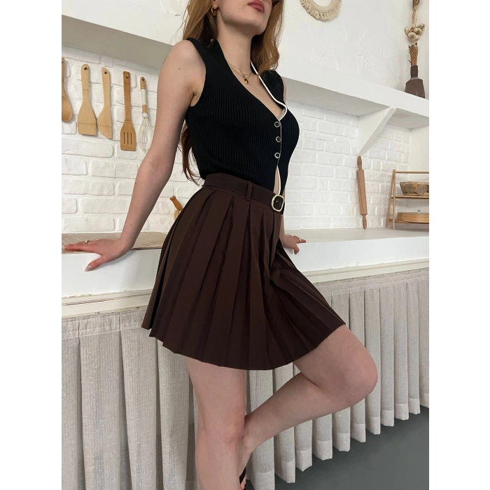 Piliseli İçi Şortlu Kemerli Etek Acı Kahve