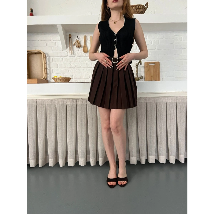 Piliseli İçi Şortlu Kemerli Etek Acı Kahve