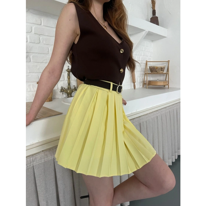 Piliseli İçi Şortlu Kemerli Etek Sarı