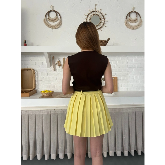 Piliseli İçi Şortlu Kemerli Etek Sarı