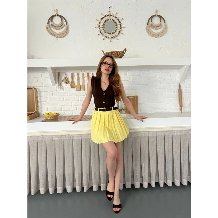 Piliseli İçi Şortlu Kemerli Etek Sarı