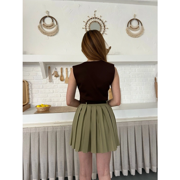 Piliseli İçi Şortlu Kemerli Etek Haki