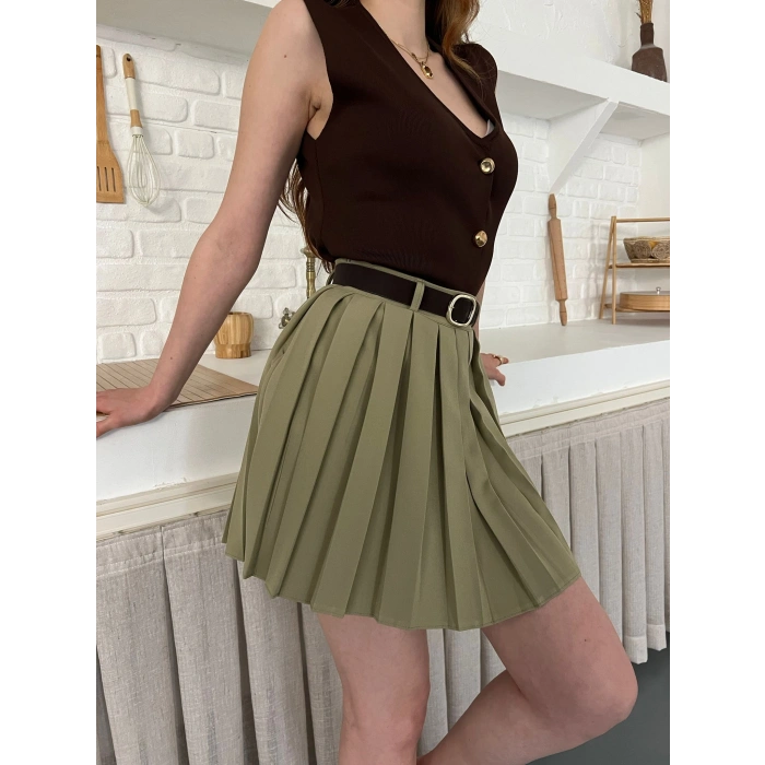 Piliseli İçi Şortlu Kemerli Etek Haki