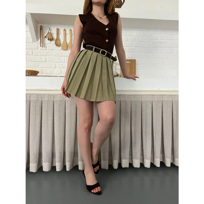 Piliseli İçi Şortlu Kemerli Etek Haki