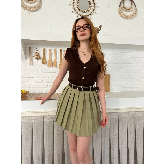 Piliseli İçi Şortlu Kemerli Etek Haki