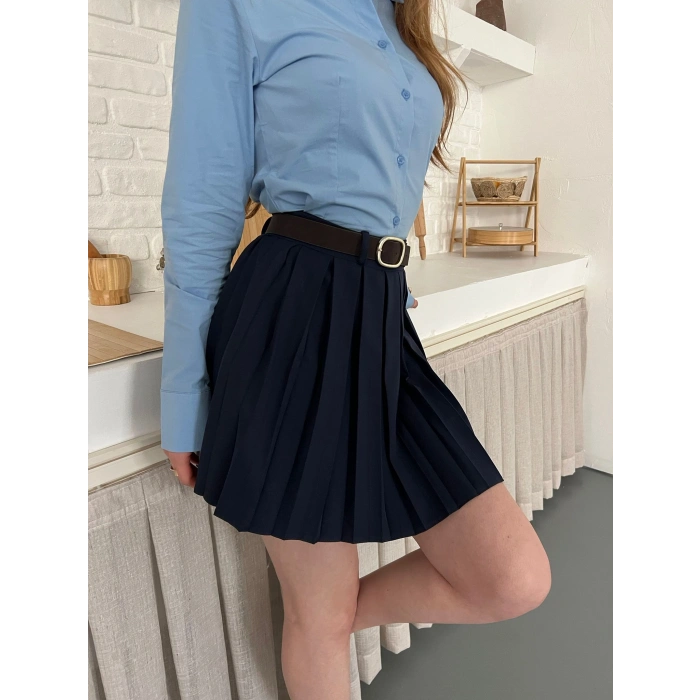 Piliseli İçi Şortlu Kemerli Etek Lacivert