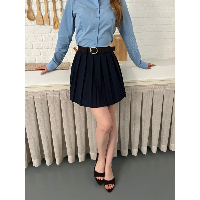 Piliseli İçi Şortlu Kemerli Etek Lacivert