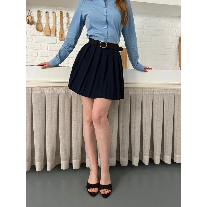 Piliseli İçi Şortlu Kemerli Etek Lacivert