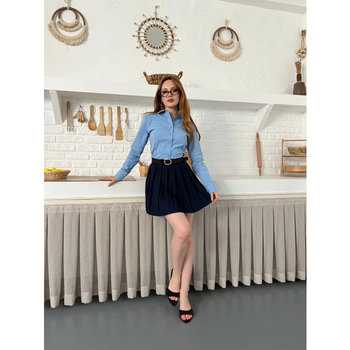 Piliseli İçi Şortlu Kemerli Etek Lacivert