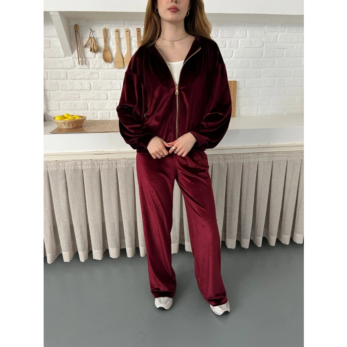 Kapüşonlu Kadife Takım Bordo