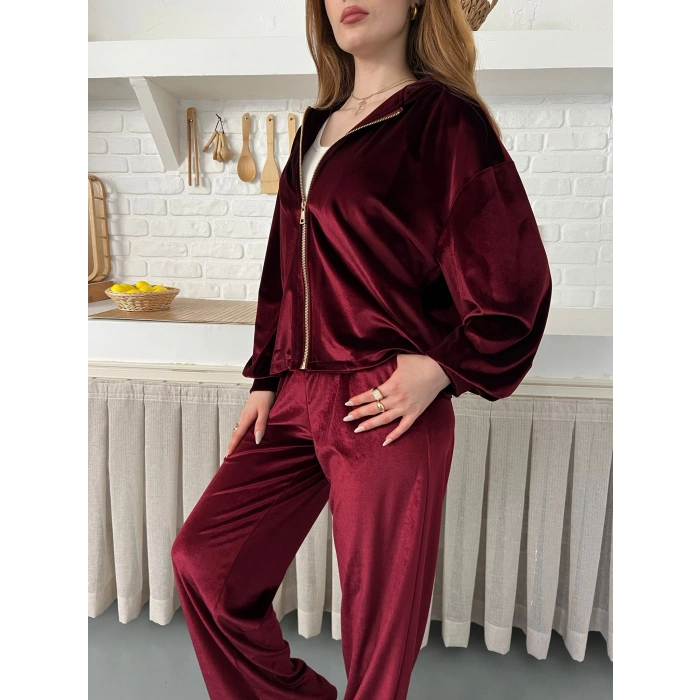 Kapüşonlu Kadife Takım Bordo