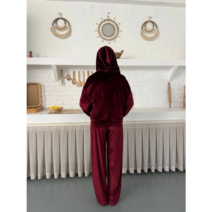 Kapüşonlu Kadife Takım Bordo