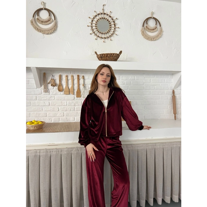 Kapüşonlu Kadife Takım Bordo