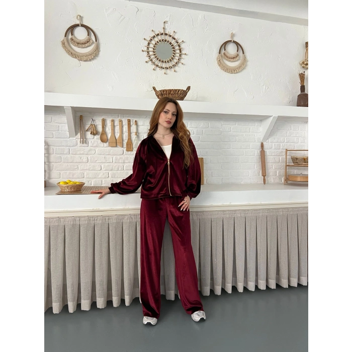 Kapüşonlu Kadife Takım Bordo